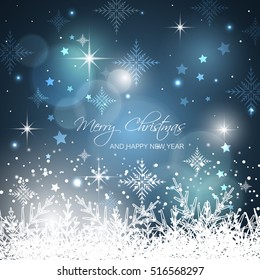 Merry Christmas and Happy New Year. Blue vector snowflakes background with stars, glitter and bokeh circles.