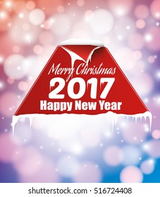 Merry Christmas and Happy New Year 2017. Holiday Vector bokeh background with red paper scroll.