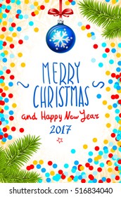 Merry Christmas and Happy New Year hand written lettering. Modern brush calligraphy for greeting card, poster, photo overlay. Isolated on colorfull confetti background. Vector illustration. 2017
