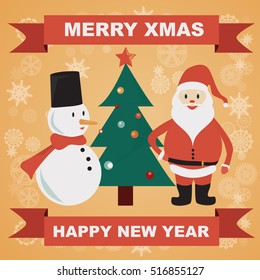 Merry Christmas and Happy New Year. Snowman, santa and christmas tree.