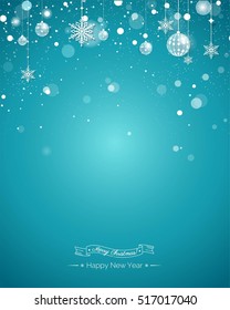 Merry christmas and Happy new year 2017 holiday sparkling background. Happy holidays banner with snowflakes and christmas decorations on blue sparkling background. Greeting card. Vector illustration.