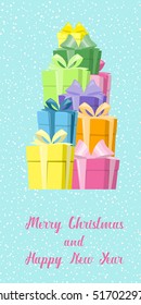 Merry Christmas and Happy New Year banner. Gift boxes with big bows on background snowflakes. Concept design poster, flyer, invitation, greeting card. Cartoon style. Vector illustration
