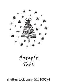 Merry Christmas or Happy New Year Greeting Card Template. Winter Holiday Xmas Background. Hand drawn Doodle Christmas Tree, Snow, Snowflakes, Snowballs, Stars