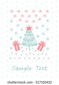 Merry Christmas or Happy New Year Greeting Card Template. Winter Holiday Xmas Background. Hand drawn Doodle Christmas Tree, Gift, Snow, Snowflakes, Snowballs, Stars