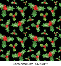 Merry Christmas and Happy New Year Seamless Pattern with Holly Berries. Winter Holidays Wrapping Paper. Vector background