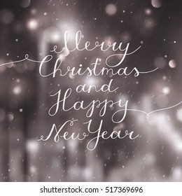 merry christmas and happy new year, vector lettering, handwritten text on blurred background of night winter street
