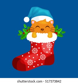 Merry Christmas and happy new year, animals holiday Cat in Santa xmas Sock Vector Illustration