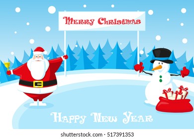 Merry Christmas and Happy New Year landscape. Cute Santa Claus and Snowman outdoor with holiday banner on blue background. Concept design poster, banner, flyer or greeting card. Vector. Cartoon style