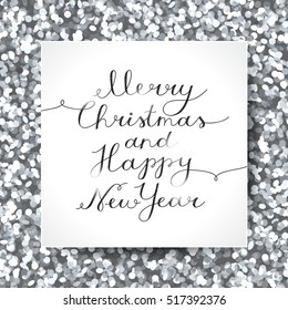 merry christmas and happy new year, vector lettering, handwritten text on shiny background with sparkles