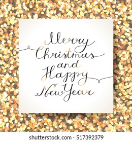 merry christmas and happy new year, vector lettering, handwritten text on shiny background with sparkles