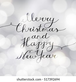 merry christmas and happy new year, vector lettering, handwritten text on blurred background with lights