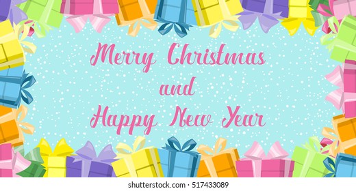 Merry Christmas and Happy New Year banner. Gift boxes with big bows on background snowflakes. Concept design poster, flyer, invitation, greeting card. Cartoon style. Vector illustration