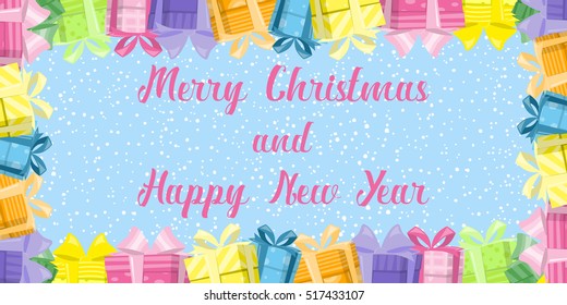 Merry Christmas and Happy New Year banner. Gift boxes with big bows on background snowflakes. Concept design poster, flyer, invitation, greeting card. Cartoon style. Vector illustration