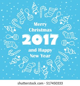 Merry Christmas and Happy New Year 2017 card with winter holidays doodles on snowy background.