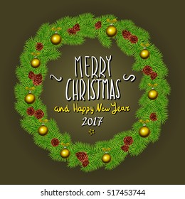 Merry Christmas And Happy New Year 2017 Vintage Background With Typography White card with Christmas wreath. Vector illustration. art