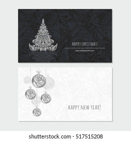 Merry Christmas and Happy New Year greeting card with xmas tree and xmas decoration. Seasonal  banner template.