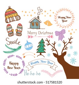 Merry Christmas and Happy New Year. Vector Illustration. Greeting card with calligraphy. Handwritten lettering