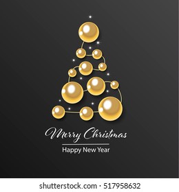 Merry Christmas and Happy New Year greeting card with Christmas tree made of golden balls, vector illustration.