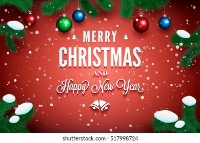 Merry Christmas and Happy New Year message on the red background with pine branch around. Greeting Card Ready for your design. Vector Illustration.