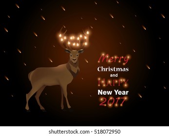 Merry Christmas and Happy New Year. Christmas deer. Garland on the horns. Star Rain. Vector illustration.