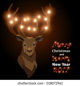 Merry Christmas and Happy New Year. Christmas deer. Garland on the horns. Star Rain. Vector illustration.