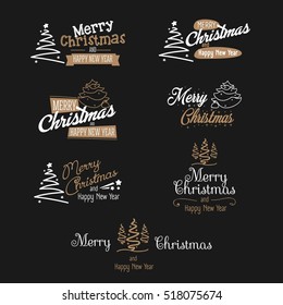 Merry christmas and happy new year signs set. Christmas trees and signs 