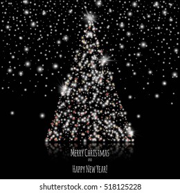 Merry Christmas and Happy New Year! Shining Christmas Tree of garlands on a black background. Stock vector.