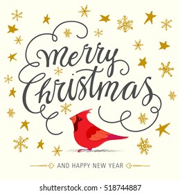 Merry Christmas and Happy New Year. Vector Illustration with Hand Lettered Text and Hand Drawn Illustrations.