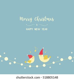 Merry Christmas and Happy New Year card, Birds and white string lights on blue background