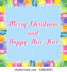 Merry Christmas and Happy New Year banner. Colorful gift boxes with big bows on background snowflakes. Concept design poster, flyer, invitation, greeting card. Cartoon style. Vector illustration