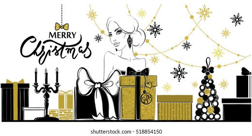 Merry Christmas and Happy New Year vector card. Xmas illustration with girl, gift boxes, snowflakes and garlands. Beautiful festive decoration for holiday greeting cards. Christmas background.