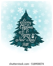 Merry Christmas and Happy New Year! 2017 - greeting card. Calligraphy. blue-green tree on a white background. classic vintage design. isolated vector