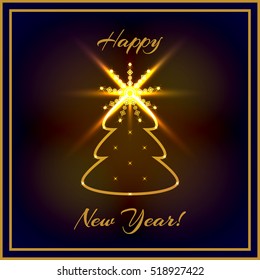 Merry Christmas and Happy New Year Card. Vector Illustration. Decorative Background with Golden Christmas Tree.