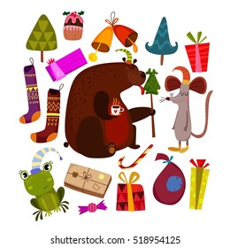 Merry Christmas and Happy New Year card with bear,mouse, frog and holiday symbols. Stylish holiday set in cartoon style.