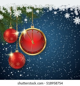 Merry Christmas and Happy New Year blue vector background with fir branches, luxury balls and clock