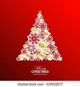Merry Christmas and Happy New Year card with gold and red paper snowflakes. Vector illustration.