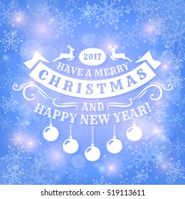 Merry Christmas and Happy New Year! Greeting card with winter snowflakes background and vintage typography badge. Vector illustration