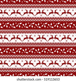 Merry Christmas and Happy New Year! Cute seamless background with deers and holly. Knitted pattern in red and white colors. Vector illustration.