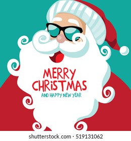 Merry Christmas and Happy New Year Cartoon Santa Claus with curly beard. EPS 10 vector.