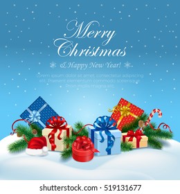 Merry Christmas and Happy New Year congratulation on blue snowy background, Fir-tree branches, gift boxes and bags with bows of ribbon in snow vector illustration. Winter holidays concept.