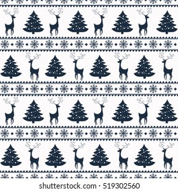 Merry Christmas and Happy New Year! Colorful vector seamless pattern with deers, pine trees and snowflakes for winter holidays design.