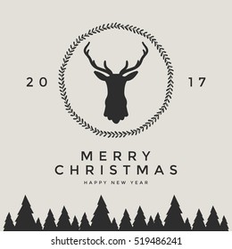 Merry Christmas and Happy New Year with silhouette of reindeer head. vector