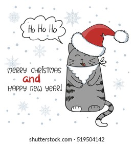 Merry Christmas and Happy New Year greeting card design. Cute cat with beard and Santa hat. Vector illustration. 