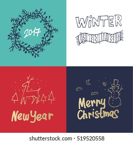 Merry Christmas and happy New Year. Hand drawn vintage style. Postcard, printed matter, greeting card, badges, stickers, website design, labels, internet marketing. Flat design vector illustration.