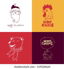 Merry Christmas and happy New Year. Hand drawn vintage style. Postcard, printed matter, greeting card, badges, stickers, website design, labels, internet marketing. Flat design vector illustration.