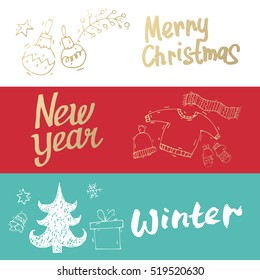 Merry Christmas and happy New Year banners. Hand drawn vintage style. Postcard, printed matter, greeting card, badges, website design, labels, internet marketing. Flat design vector illustration.