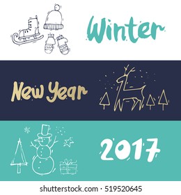 Merry Christmas and happy New Year banners. Hand drawn vintage style. Postcard, printed matter, greeting card, badges, website design, labels, internet marketing. Flat design vector illustration.