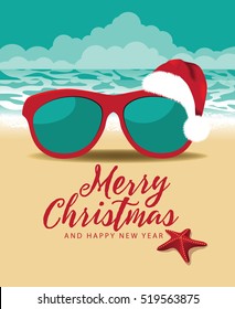 Merry Christmas And A Happy New Year In A Warm Climate Design. Sunglasses With A Cartoon Santa Claus Hat At The Beach. EPS 10 Vector.