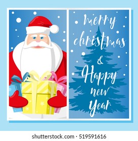 Merry Christmas and Happy New Year. Santa Claus, gift box and christmas tree silhouette. Vintage lettering. Concept design greeting card, banner, flyer or poster. Cartoon style. Vector illustration