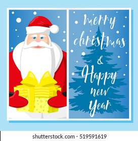 Merry Christmas and Happy New Year. Santa Claus, gift box and christmas tree silhouette. Vintage lettering. Concept design greeting card, banner, flyer or poster. Cartoon style. Vector illustration
